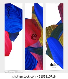 Abstract vector vertical banner with colorful bright acrylic textured shapes. Artistic wide sky design template. Hand drawn collage art digital paint. Universal layout with brush stroke splashes.