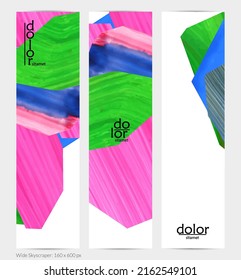 Abstract vector vertical banner with colorful bright acrylic textured shapes. Artistic wide sky design template. Hand drawn collage art digital paint. Universal layout with brush stroke splashes.
