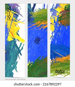 Abstract vector vertical banner. Colorful brush stoke of digital watercolor paint. Dimensional layered feather rainbow colored texture. Creative artistic advertising template. Bright rough scribble.
