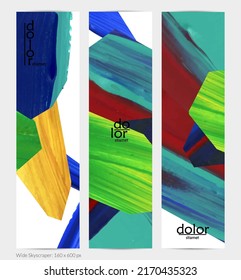 Pancarta vertical vectorial abstracta con formas coloreadas acrílicas brillantes. Plantilla de diseño de cielo amplio artístico. Pintura digital de arte de collage dibujada a mano. Diseño universal con salpicaduras de pincel.