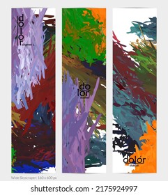 Abstract vector vertical banner. Colorful brush stoke of digital watercolor paint. Dimensional layered feather rainbow colored texture. Creative artistic advertising template. Bright rough scribble.