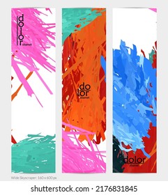 Abstract vector vertical banner. Colorful brush stoke of digital watercolor paint. Dimensional layered feather rainbow colored texture. Creative artistic advertising template. Bright rough scribble.