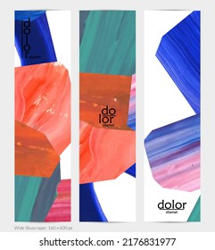 Abstract vector vertical banner with colorful bright acrylic textured shapes. Artistic wide sky design template. Hand drawn collage art digital paint. Universal layout with brush stroke splashes.
