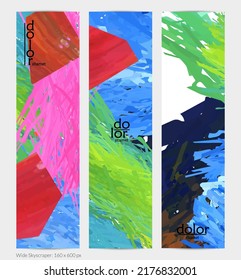 Abstract vector vertical banner. Colorful brush stoke of digital watercolor paint. Dimensional layered feather rainbow colored texture. Creative artistic advertising template. Bright rough scribble.