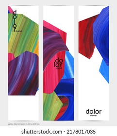 Pancarta vertical vectorial abstracta con formas coloreadas acrílicas brillantes. Plantilla de diseño de cielo amplio artístico. Pintura digital de arte de collage dibujada a mano. Diseño universal con salpicaduras de pincel.