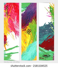 Abstract vector vertical banner. Colorful brush stoke of digital watercolor paint. Dimensional layered feather rainbow colored texture. Creative artistic advertising template. Bright rough scribble.