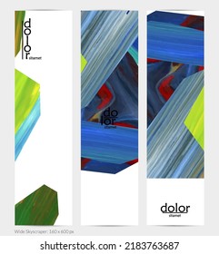 Abstract vector vertical banner with colorful bright acrylic textured shapes. Artistic wide sky design template. Hand drawn collage art digital paint. Universal layout with brush stroke splashes.