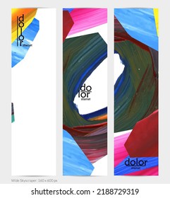 Abstract vector vertical banner with colorful bright acrylic textured shapes. Artistic wide sky design template. Hand drawn collage art digital paint. Universal layout with brush stroke splashes.