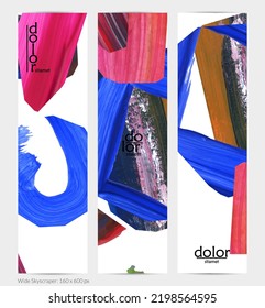 Abstract vector vertical banner with colorful bright acrylic textured shapes. Artistic wide sky design template. Hand drawn collage art digital paint. Universal layout with brush stroke splashes.