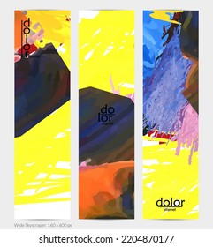 Abstract vector vertical banner. Colorful brush stoke of digital watercolor paint. Dimensional layered feather rainbow colored texture. Creative artistic advertising template. Bright rough scribble.