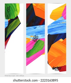 Abstract vector vertical banner with colorful bright acrylic textured shapes. Artistic wide sky design template. Hand drawn collage art digital paint. Universal layout with brush stroke splashes.
