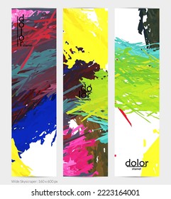 Abstract vector vertical banner. Colorful brush stoke of digital watercolor paint. Dimensional layered feather rainbow colored texture. Creative artistic advertising template. Bright rough scribble.