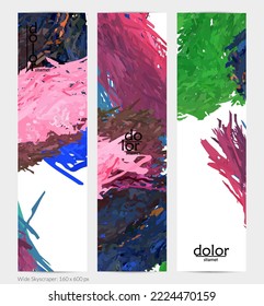 Abstract vector vertical banner. Colorful brush stoke of digital watercolor paint. Dimensional layered feather rainbow colored texture. Creative artistic advertising template. Bright rough scribble.