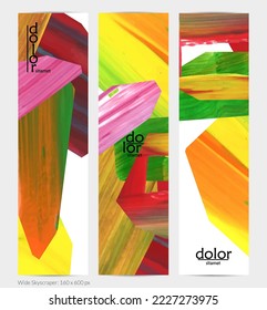 Abstract vector vertical banner with colorful bright acrylic textured shapes. Artistic wide sky design template. Hand drawn collage art digital paint. Universal layout with brush stroke splashes.