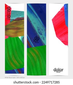 Abstract vector vertical banner with colorful bright acrylic textured shapes. Artistic wide sky design template. Hand drawn collage art digital paint. Universal layout with brush stroke splashes.