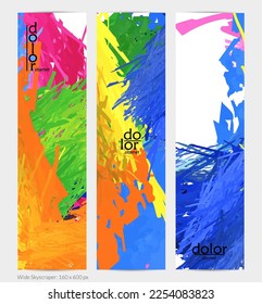 Abstract vector vertical banner. Colorful brush stoke of digital watercolor paint. Dimensional layered feather rainbow colored texture. Creative artistic advertising template. Bright rough scribble.
