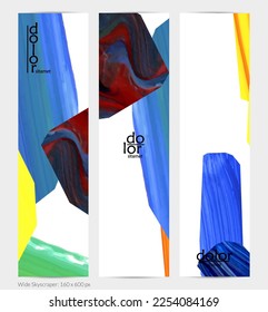 Pancarta vertical vectorial abstracta con formas coloreadas acrílicas brillantes. Plantilla de diseño de cielo amplio artístico. Pintura digital de arte de collage dibujada a mano. Diseño universal con salpicaduras de pincel.