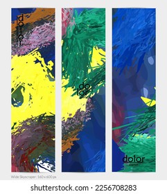 Abstract vector vertical banner. Colorful brush stoke of digital watercolor paint. Dimensional layered feather rainbow colored texture. Creative artistic advertising template. Bright rough scribble.
