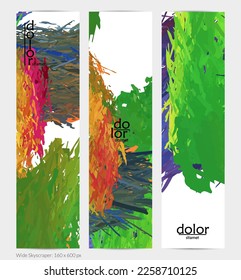 Abstract vector vertical banner. Colorful brush stoke of digital watercolor paint. Dimensional layered feather rainbow colored texture. Creative artistic advertising template. Bright rough scribble.