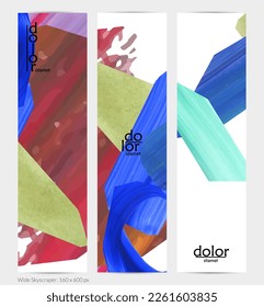 Abstract vector vertical banner with colorful bright acrylic textured shapes. Artistic wide sky design template. Hand drawn collage art digital paint. Universal layout with brush stroke splashes.