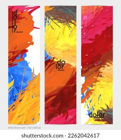 Abstract vector vertical banner. Colorful brush stoke of digital watercolor paint. Dimensional layered feather rainbow colored texture. Creative artistic advertising template. Bright rough scribble.