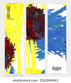 Abstract vector vertical banner. Colorful brush stoke of digital watercolor paint. Dimensional layered feather rainbow colored texture. Creative artistic advertising template. Bright rough scribble.