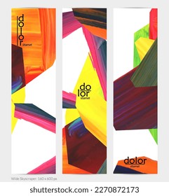 Abstrakter, vertikaler Vektorbanner mit bunten, hellen Acryl-strukturierten Formen. Künstlerische Himmelsdesign-Vorlage. Handgezeichnete Collage Art digitale Farbe. Universelles Layout mit Pinselstrichen.