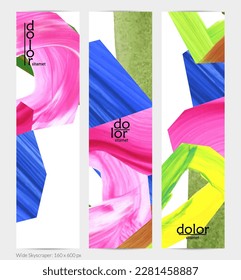 Abstract vector vertical banner with colorful bright acrylic textured shapes. Artistic wide sky design template. Hand drawn collage art digital paint. Universal layout with brush stroke splashes.