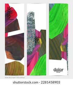 Abstract vector vertical banner with colorful bright acrylic textured shapes. Artistic wide sky design template. Hand drawn collage art digital paint. Universal layout with brush stroke splashes.