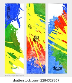 Abstract vector vertical banner. Colorful brush stoke of digital watercolor paint. Dimensional layered feather rainbow colored texture. Creative artistic advertising template. Bright rough scribble.