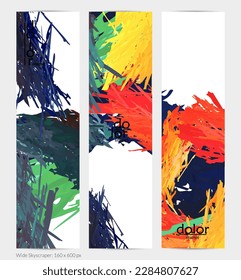 Abstract vector vertical banner. Colorful brush stoke of digital watercolor paint. Dimensional layered feather rainbow colored texture. Creative artistic advertising template. Bright rough scribble.
