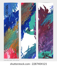 Abstract vector vertical banner. Colorful brush stoke of digital watercolor paint. Dimensional layered feather rainbow colored texture. Creative artistic advertising template. Bright rough scribble.