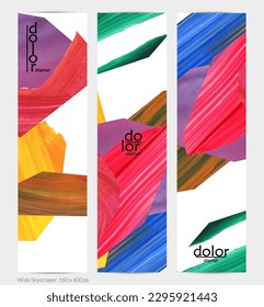 Pancarta vertical vectorial abstracta con formas coloreadas acrílicas brillantes. Plantilla de diseño de cielo amplio artístico. Pintura digital de arte de collage dibujada a mano. Diseño universal con salpicaduras de pincel.