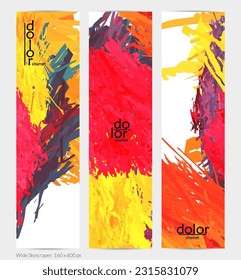 Abstract vector vertical banner. Colorful brush stoke of digital watercolor paint. Dimensional layered feather rainbow colored texture. Creative artistic advertising template. Bright rough scribble.