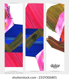 Abstract vector vertical banner with colorful bright acrylic textured shapes. Artistic wide sky design template. Hand drawn collage art digital paint. Universal layout with brush stroke splashes.