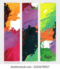 Abstract vector vertical banner. Colorful brush stoke of digital watercolor paint. Dimensional layered feather rainbow colored texture. Creative artistic advertising template. Bright rough scribble.