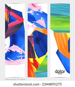 Pancarta vertical vectorial abstracta con formas coloreadas acrílicas brillantes. Plantilla de diseño de cielo amplio artístico. Pintura digital de arte de collage dibujada a mano. Diseño universal con salpicaduras de pincel.