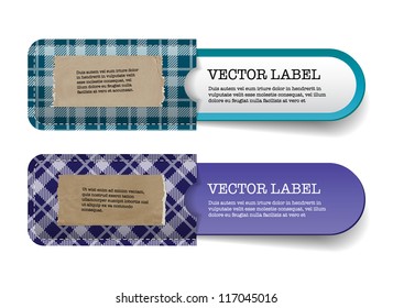 Abstract vector vintage blue tags with tartan textured pockets and torn old paper stickers on it