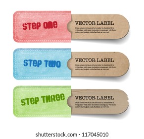 Abstract vector vintage old paper tags with soft fabric pockets, One Two Three steps