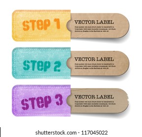 Abstract vector vintage old paper tags with soft fabric pockets, One Two Three steps