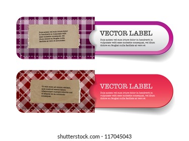 Abstract vector vintage purple and red tags with tartan textured pockets and torn old paper stickers on it