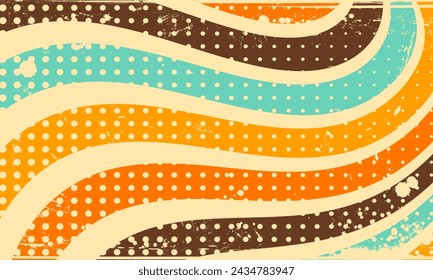 Abstract Vector Vintage Retro 60s 70s Aesthetic Wavy Pattern Background with Rough Halftone Spilled Ink Print Scalable Texture