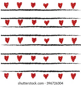 Abstract vector vintage striped  background with glittering red hearts. Design template. Perfect for invitation, wedding design, postcards, wallpapers and etc