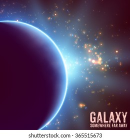 Abstract vector violet background with planet and eclipse of its star. Bright star light shine from the edge of a planet. Sparkles of stars on the background. 