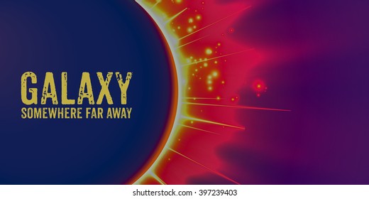 Abstract vector violet background with planet and eclipse of its star. Bright star light shine from the edges of a planet. Sparkles of stars on the background. 