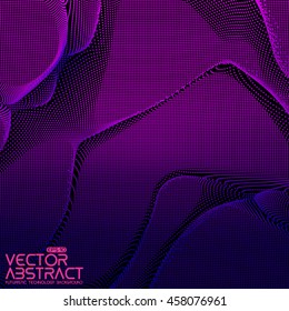Abstract vector violet colorful distorted mesh plane on dark background. Futuristic style card. Elegant background for business presentations. Corrupted point plane. Chaos aesthetics.