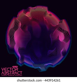 Abstract vector violet colorful mesh sphere on dark background. Futuristic style card. Elegant background for business presentations.  Corrupted point sphere.  Chaos aesthetics.