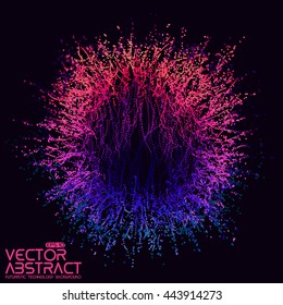 Abstract vector violet colorful mesh sphere on dark background. Futuristic style card. Elegant background for business presentations.  Corrupted point sphere.  Chaos aesthetics.