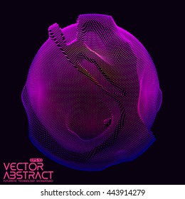 Abstract vector violet colorful mesh sphere on dark background. Futuristic style card. Elegant background for business presentations.  Corrupted point sphere.  Chaos aesthetics.