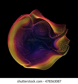 Abstractas esfera de malla de color violeta de Vector sobre fondo oscuro. Tarjeta de estilo futurista. Fondo elegante para presentaciones de negocios.  Esfera puntual dañada.  Estética del caos.
